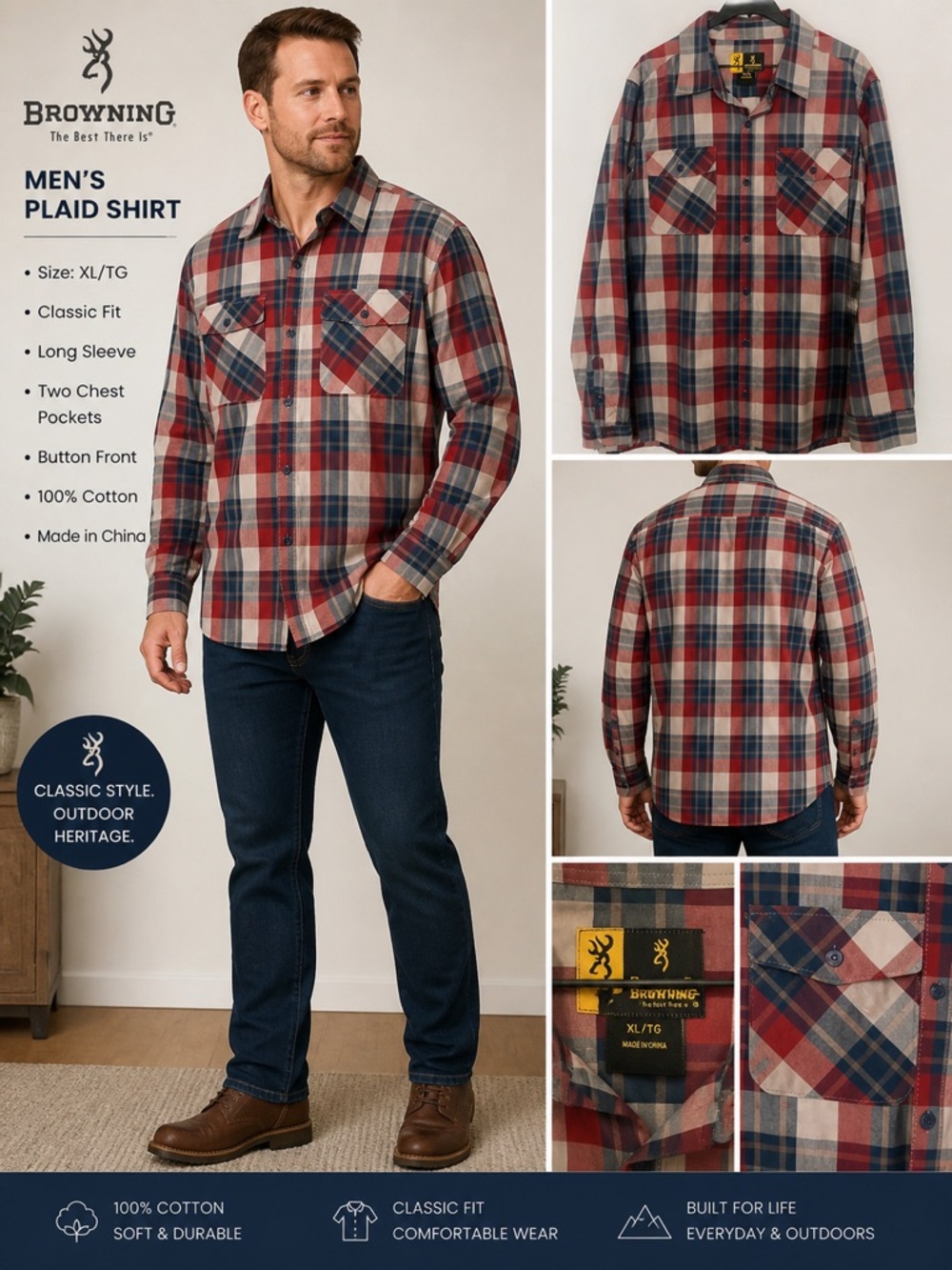 Browning Red, Navy and Cream Plaid Long-Sleeve Shirt